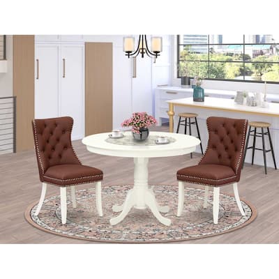 3-Piece Linen White Finish Solid Wood Top-Round Upholstered Dining Room Set-Seats 4