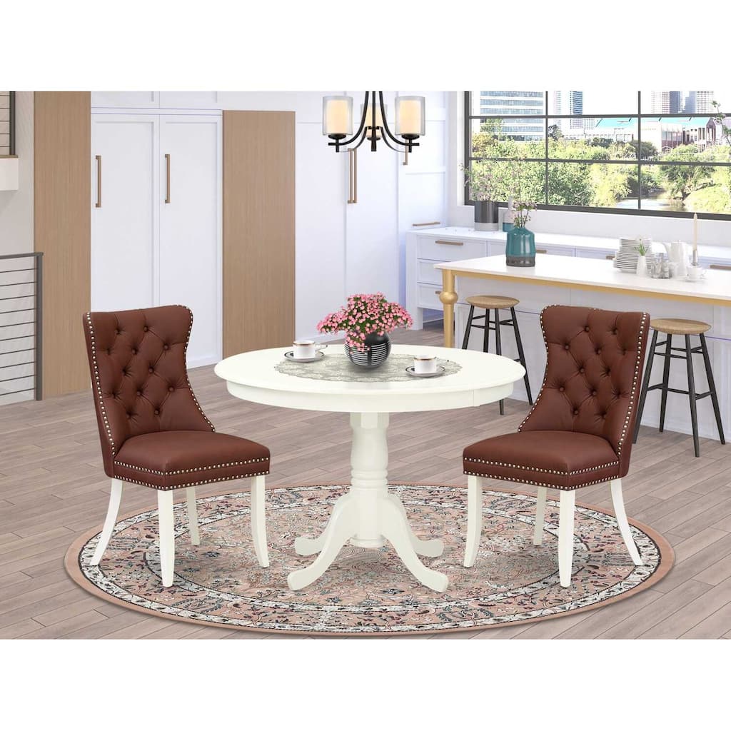 3-Piece Linen White Finish Solid Wood Top-Round Upholstered Dining Room Set-Seats 4