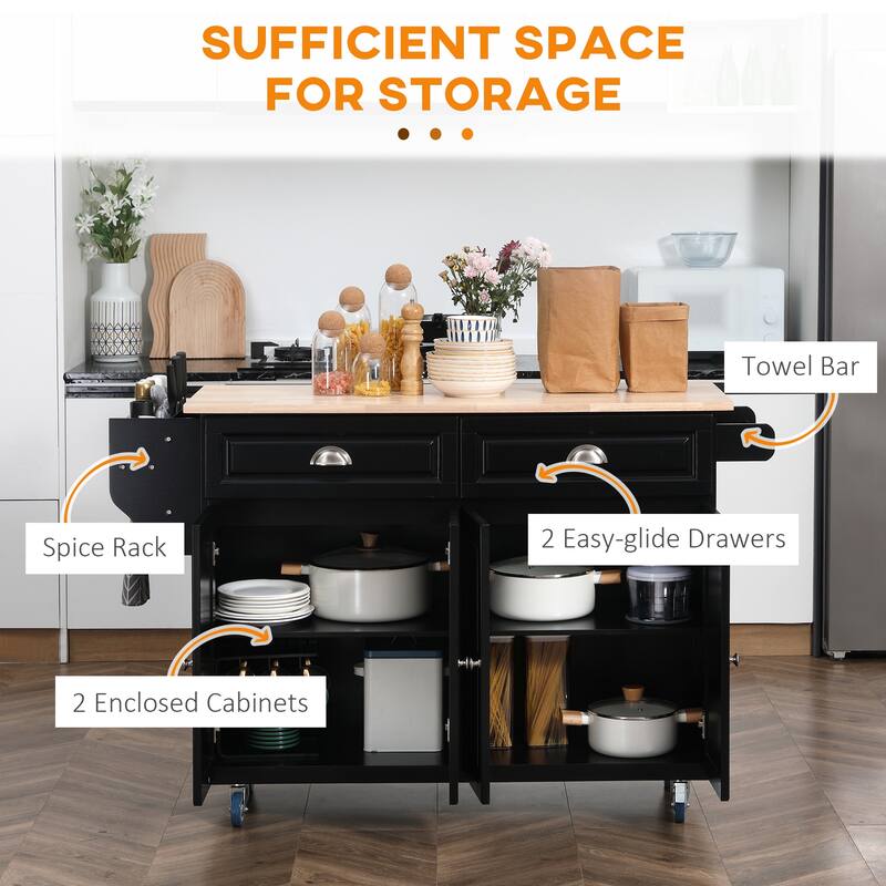 HOMCOM Rolling Kitchen Island on Wheels Utility Cart with Drop-Leaf and Rubber Wood Countertop, Storage Drawers, Dark Grey