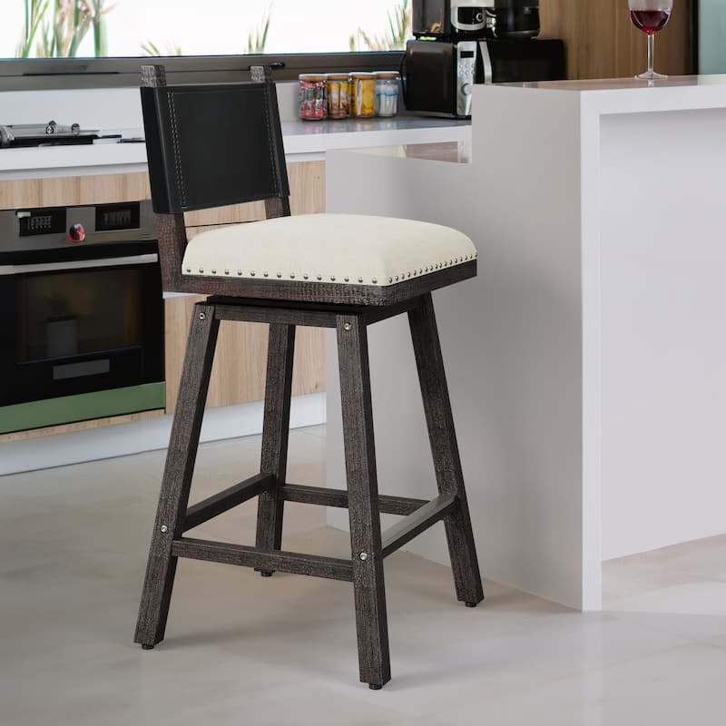 Moasis Solid Wood and Linen Swivel Counter Stool with Nailheads - Single - White - Counter Height