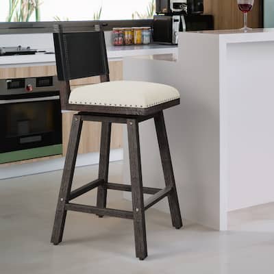 Moasis Solid Wood and Linen Swivel Counter Stool with Nailheads
