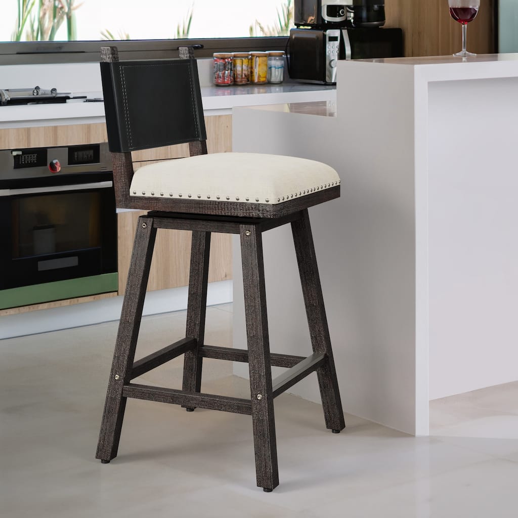 Moasis Solid Wood and Linen Swivel Counter Stool with Nailheads