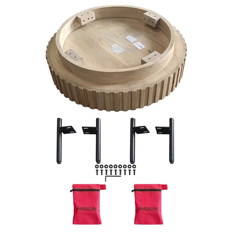 36 Inch Modern Handcrafted Round Coffee Table, Oak White Wood Top with Grooved Edges, Black Iron Legs