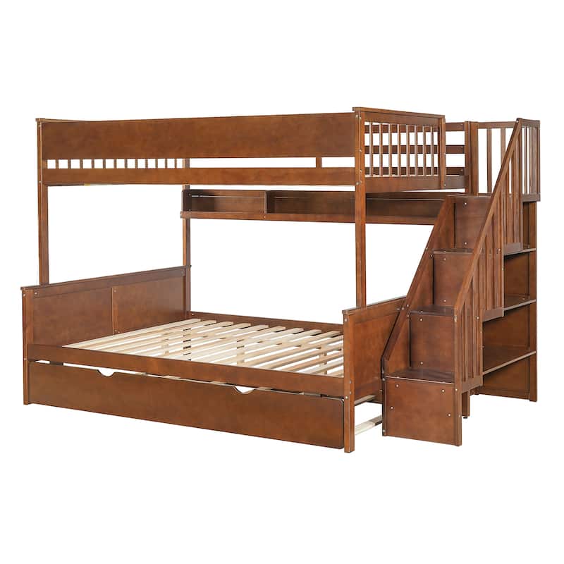 Full XL Over Queen Bunk Bed with Staircase Storage, Underbed Trundle, Open Shelf & LED Light by Harper&Bright Designs