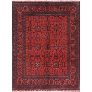 Shahbanu Rugs Crimson Red, Afghan Andkhoy with Geometric Pattern ...