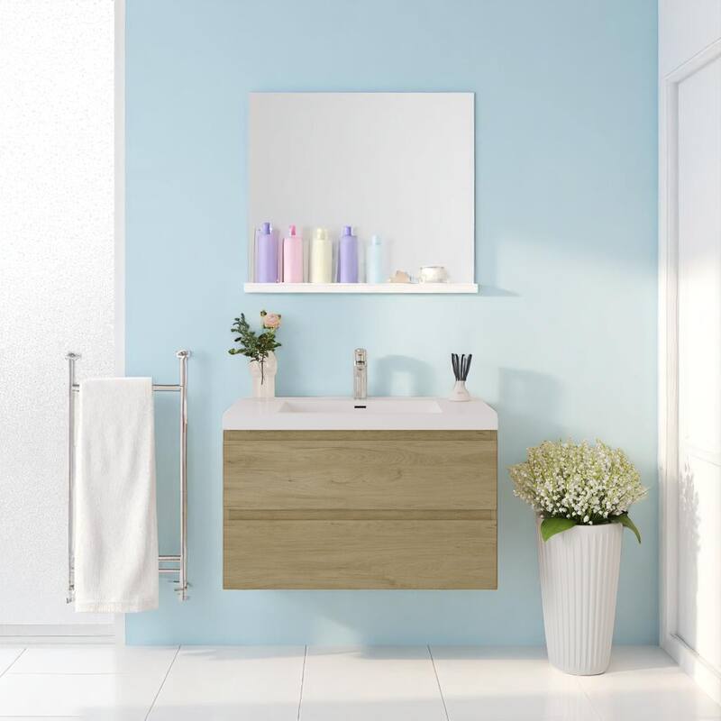 30" Wall-Mounted Bathroom Vanity with Resin Sink - Floating Bathroom Cabinet with Soft-Close Hinges,Floating Vanity Cabinet - Oak - 36 in Wood Oak
