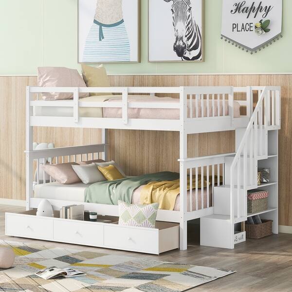 slide 2 of 32, Versatility Stairway Full-Over-Full Wooden Kids Bed Bunk Bed with Drawer,Storage and Guardrail for Bedroom White