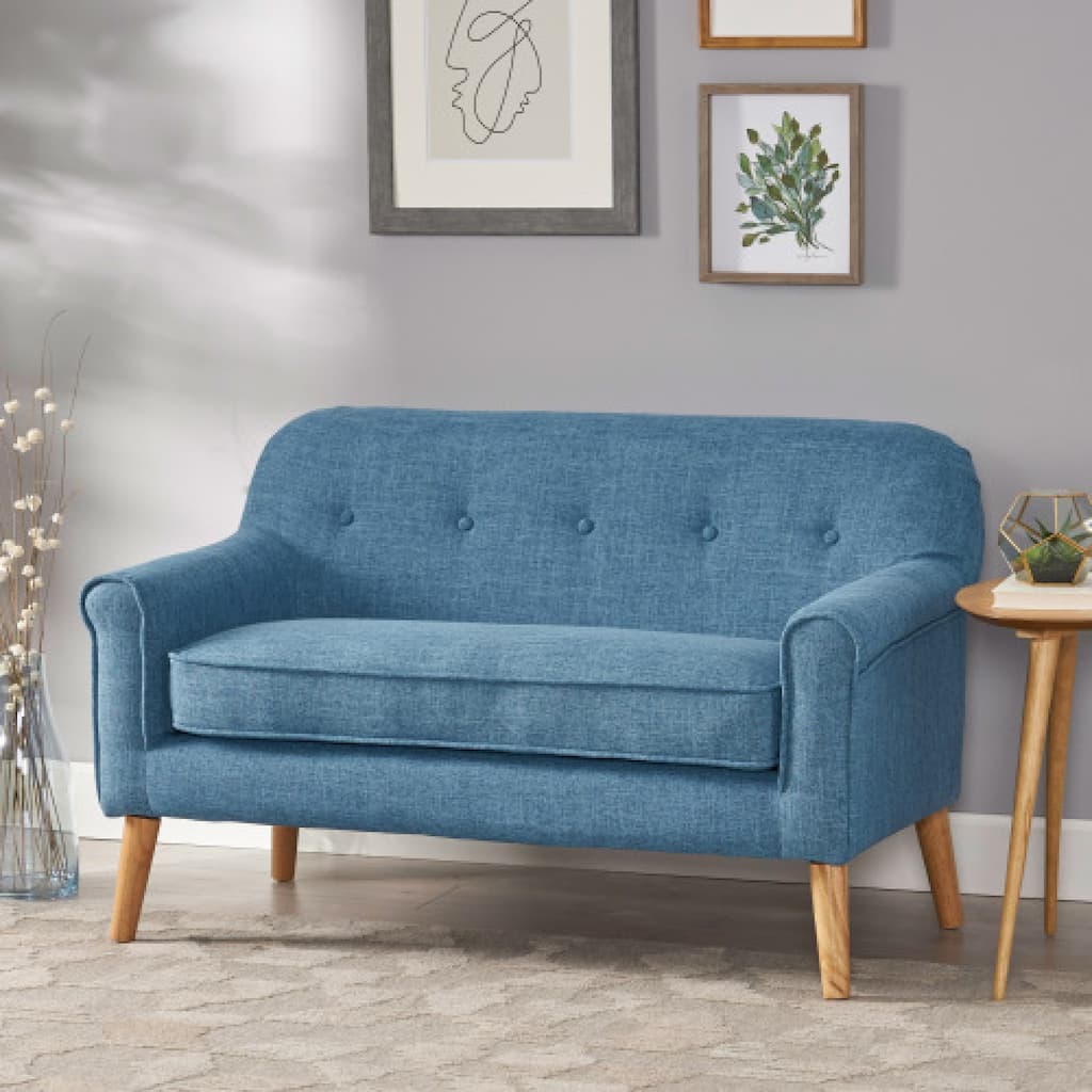 Roomfitters Mid-Century Loveseat Sofa, Upholstered Tufted Couch for Living Room, Modern Accent Seating, Muted Blue
