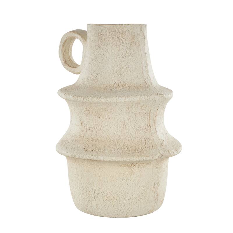 Cream Paper Mache Fluted Decorative Vase with Brown Distressed Texturing and Ring Handle