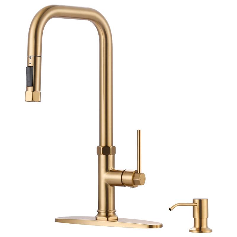WOWOW Pull Down Sprayer Kitchen Faucet with Soap Dispenser - with soap dispenser - Brushed Gold