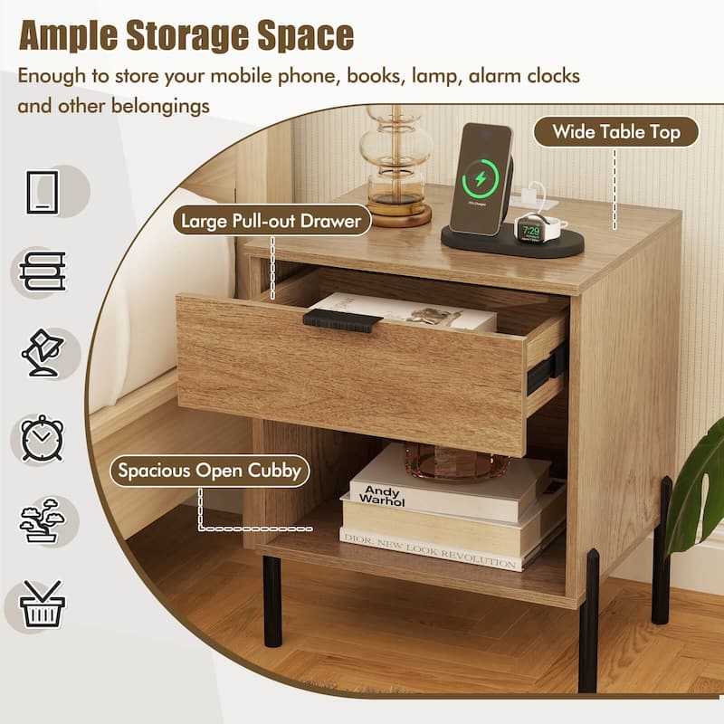 Costway Nightstand with Charging Station Drawer Compartment Modern