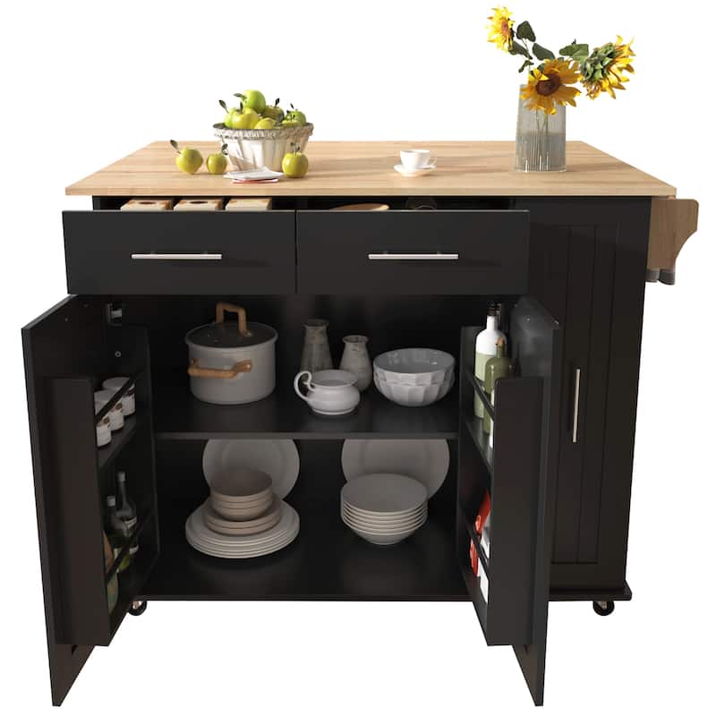 Kitchen Island with Drop Leaf, Mobile Dining Cart with 3 Tier Pull Out Cabinet Organizer, Rolling Kitchen Cart on Wheels