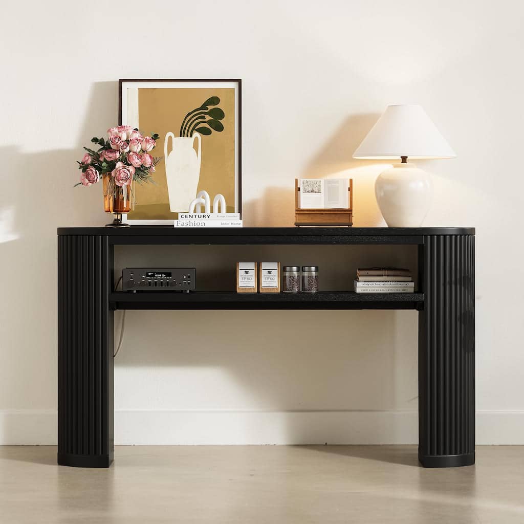 Rustic Farmhouse Console Table with Open Shelf, Oval Entryway Sofa Table with Fluted Legs