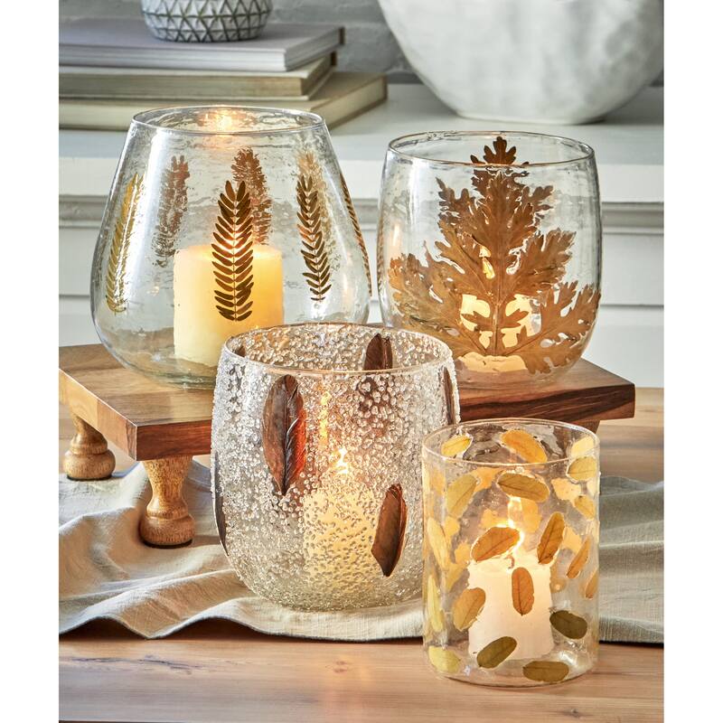 Bubble Glass Pillar Candle Holder with Embedded Feathers Hurricane, 5.9L x 5.9W x 6.3H inches