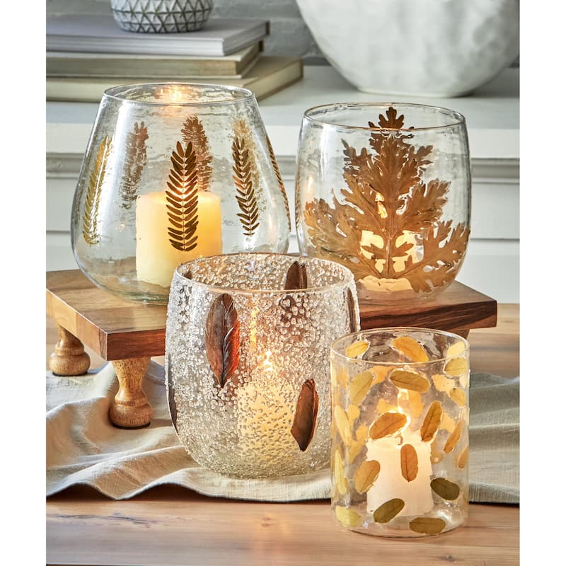 Clear Glass Pillar Candle Holder with Embedded Sprig Leaf Hurricane, 7.1L x7.1W x 7.1H