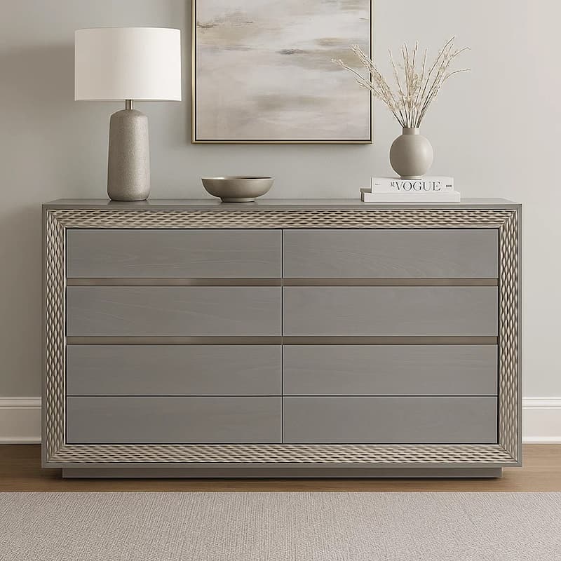 Vino 6 Drawer Wide Dresser, Gray Solid Wood, Silver Molding