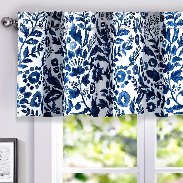 slide 1 of 20, Porch & Den Ouzel Floral Watercolor Pattern Lined Window Valance 18" width x 52 " length - Navy