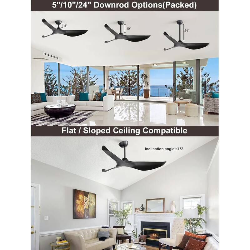 38'' Downrod Ceiling Fan No Light with Remote Reversible DC 6 Speeds Timer Fan