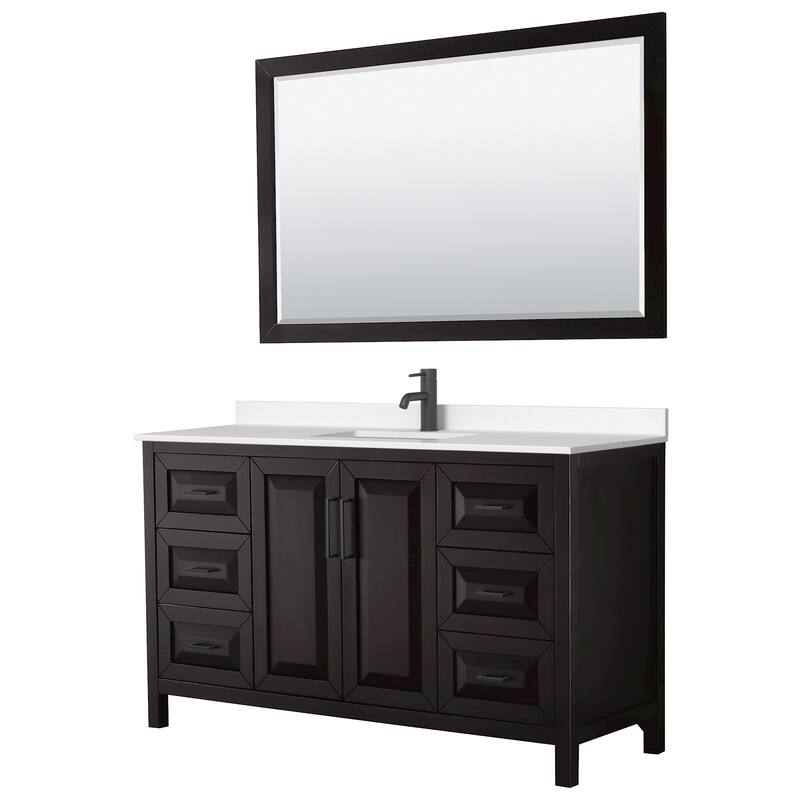 Daria 60-inch Single Vanity, Single Hole Quartz Top, 58-inch Mirror - Dark Espresso, Black Trim, White Quartz Top