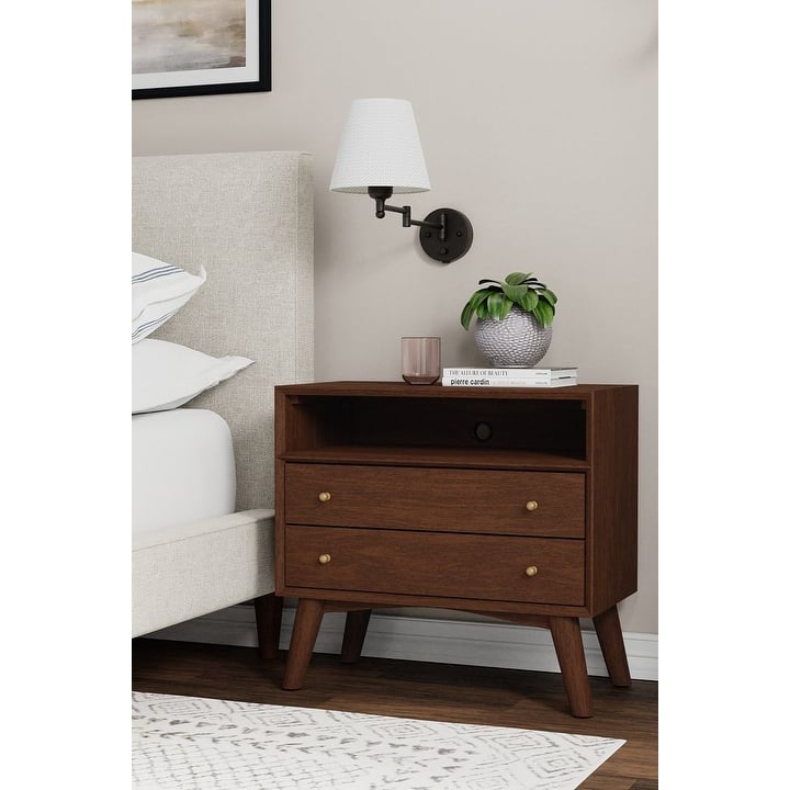 Alpine Furniture Flynn Large 2 Drawer Nightstand, Walnut