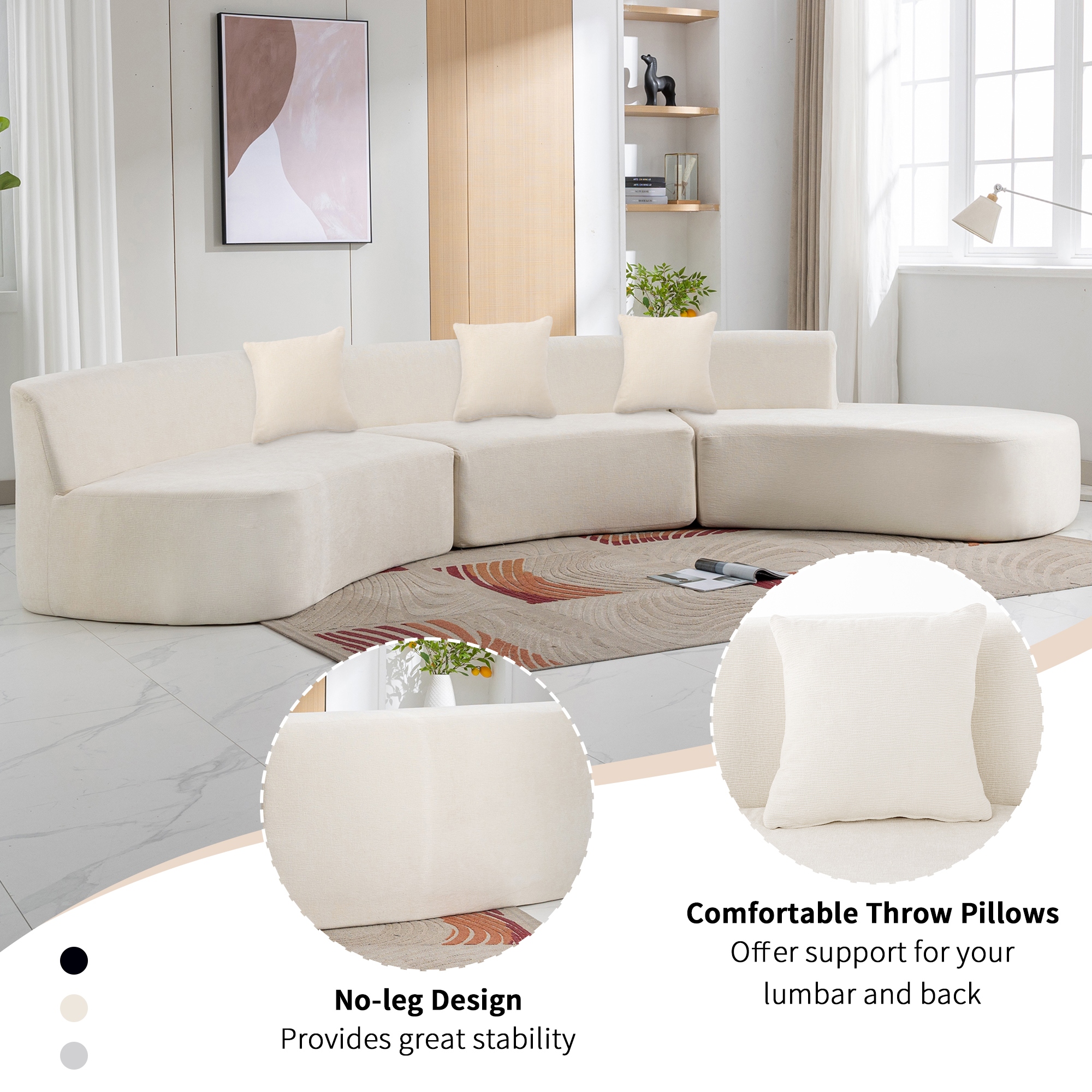 136.6 Curved Sectional Sofa Couch With Three Throw Pillows Beige