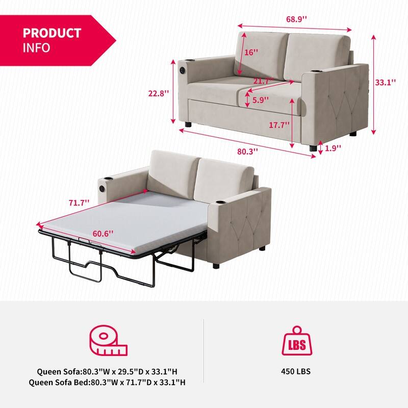 Mixoy Pull Out Sofa Bed,Sleeper Sofa Couch with Memory Foam Mattress,Cup Holder,USB,Pull Out Couch Bed