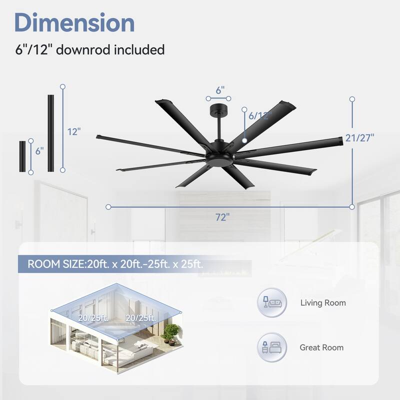 Large 72"/84"/96"/120" Black Ceiling Fan with Remote without Light-6/8 Aluminum Blades