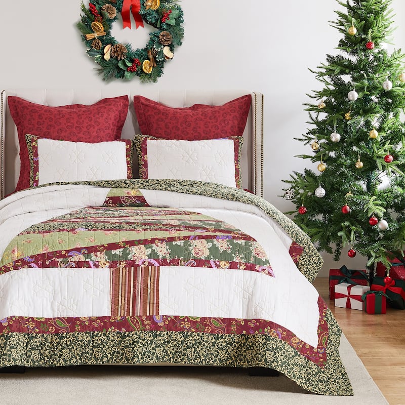 Greenland Home Fashions Christmas Tree Patchwork Cotton Quilt Set