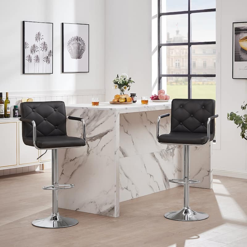 Javlergo Set of 4 Adjustable Bar Stools 37" to 45" Height 360° Swivel Diamond Tufted PU Back Armrests Counter BarStool