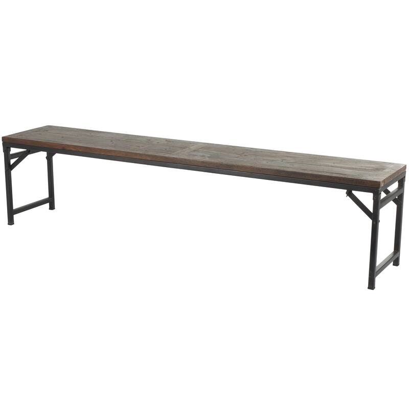 Dark Brown Teak Wood Long Home Bench with Black Metal Legs