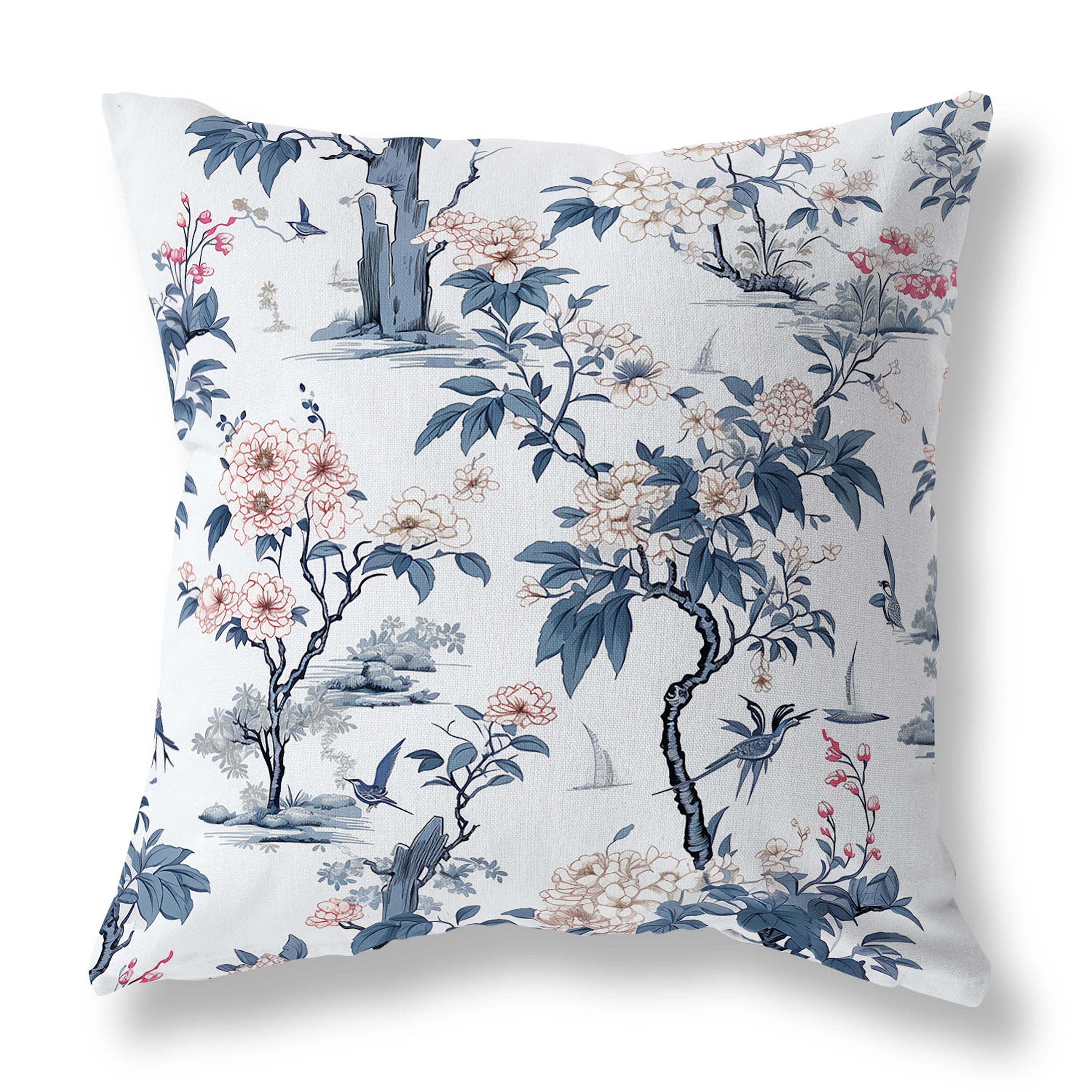 White And Blue Open Air Orchid Faux Suede Throw Pillow Zipper