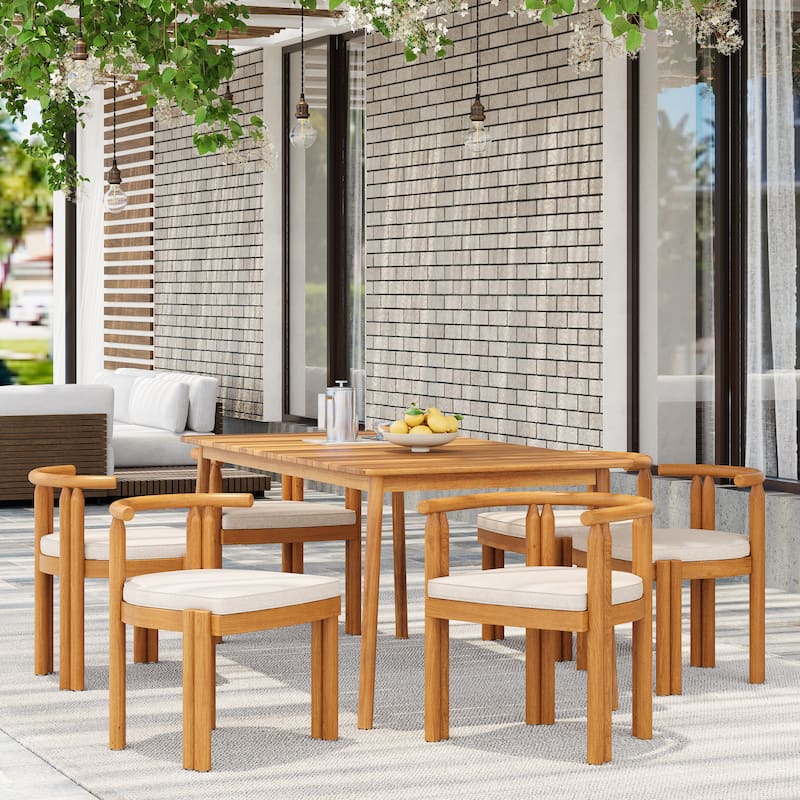 Christopher Knight Home - Elysant Acacia Wood Outdoor 7 Piece Dining Set with Polyester Cushion - 7 Piece - Teak Finish+Beige Cushion