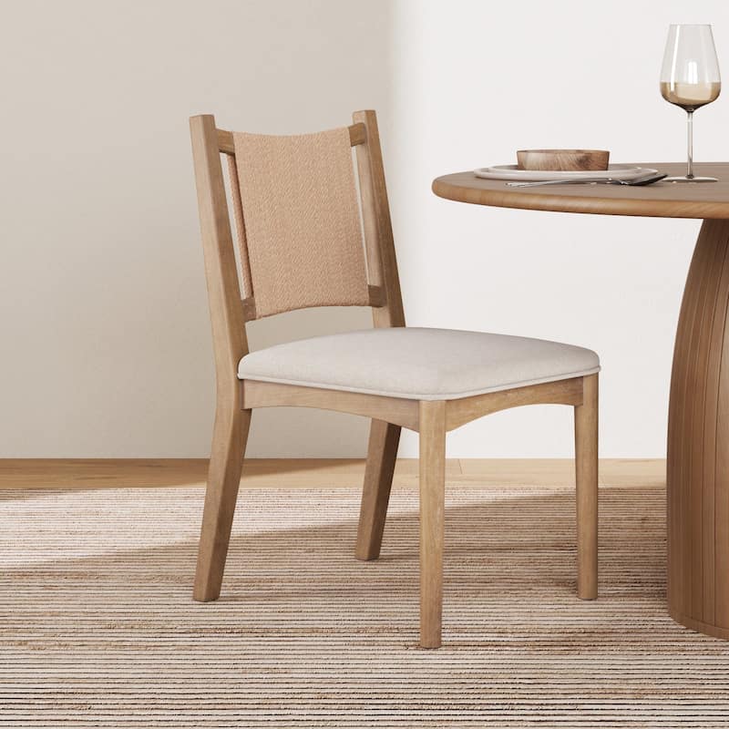 Elodia Upholstered Dining Chair with Seagrass Back Solid Wood Modern Dining Room Chair with Natural Flax Upholstery - Single - Flax/Light Brown