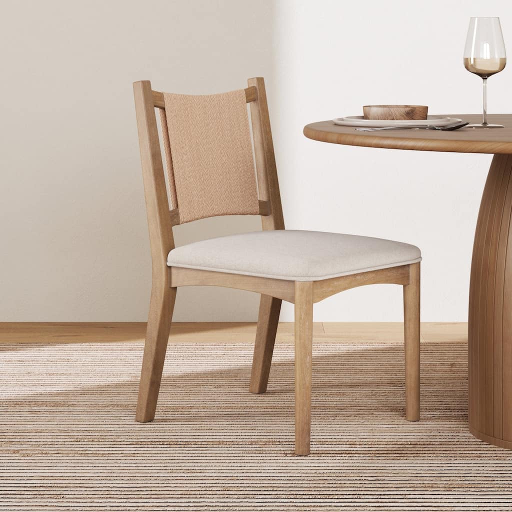 Elodia Upholstered Dining Chair with Seagrass Back Solid Wood Modern Dining Room Chair with Natural Flax Upholstery