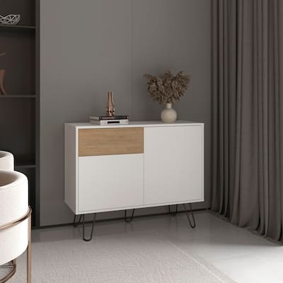 39"Wide Console Table With Two Cabinets,One Drawer And Four Shelves,White - Natural Oak
