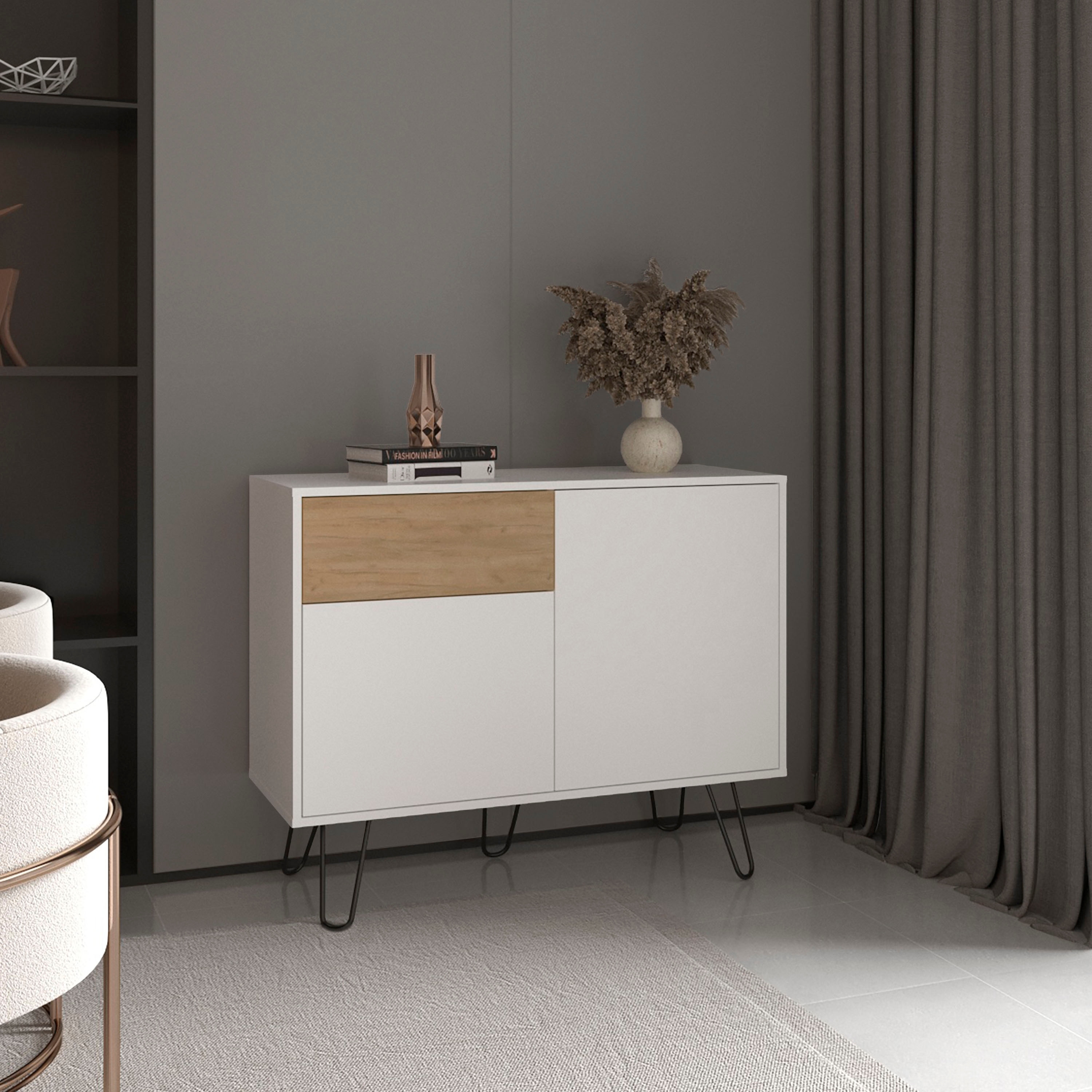 39"Wide Console Table With Two Cabinets,One Drawer And Four Shelves,White - Natural Oak