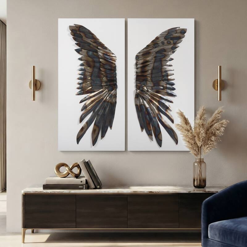 "The Wings" Primo Mixed Media Iron Wall Sculpture on Canvas - Diptych