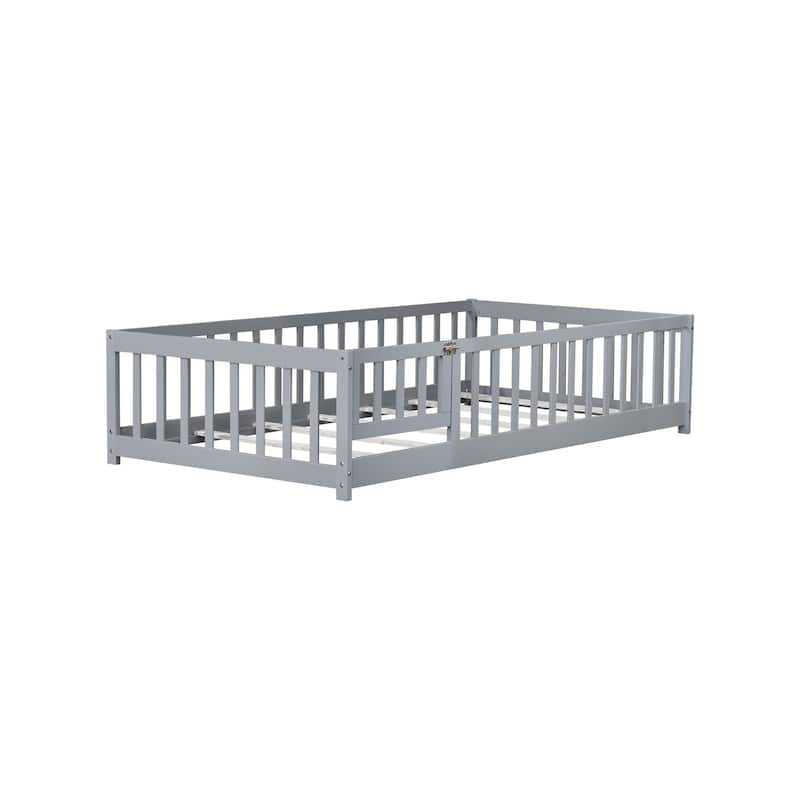 Twin Size Floor Bed With Fence And Door,Rubber Wood Floor Bed With Safety Guardrails