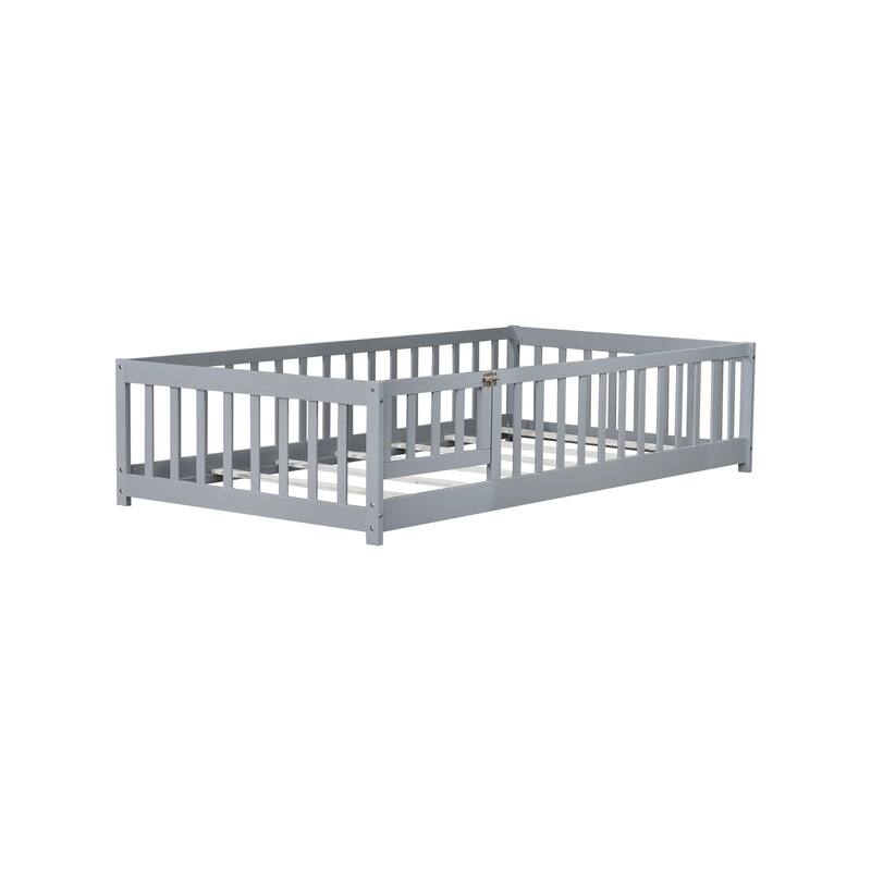 Twin Size Floor Bed with Fence and Door, Rubber Wood Floor Bed with Safety Guardrails