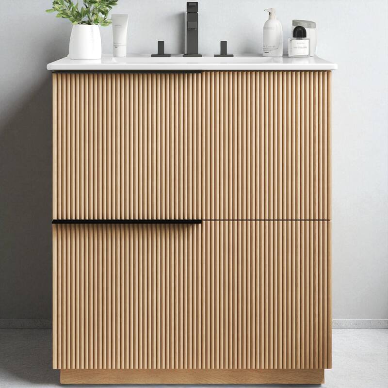 30" Bathroom Vanity with Ceramic Sink, Full-Extension Drawers, Soft-Close Undermount Slides, Fluted Design - Natural