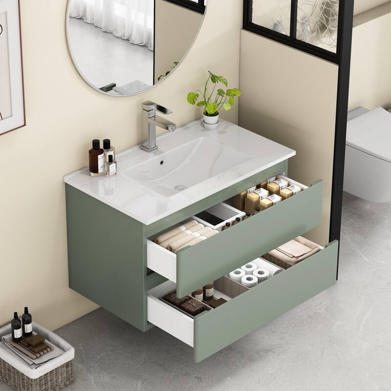 32 Inch Floating Bathroom Vanity with One-piece Ceramic Sink, Wall Mounted Cabinet with 2 Drawers