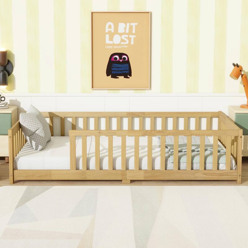 Twin Size Floor Bed with Fence without Door, Rubber Wood Floor Bed with Safety Guardrails