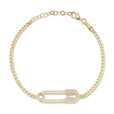 Soleil Sterling Silver Cubic Zirconia Safety Pin Curb Chain Bracelet