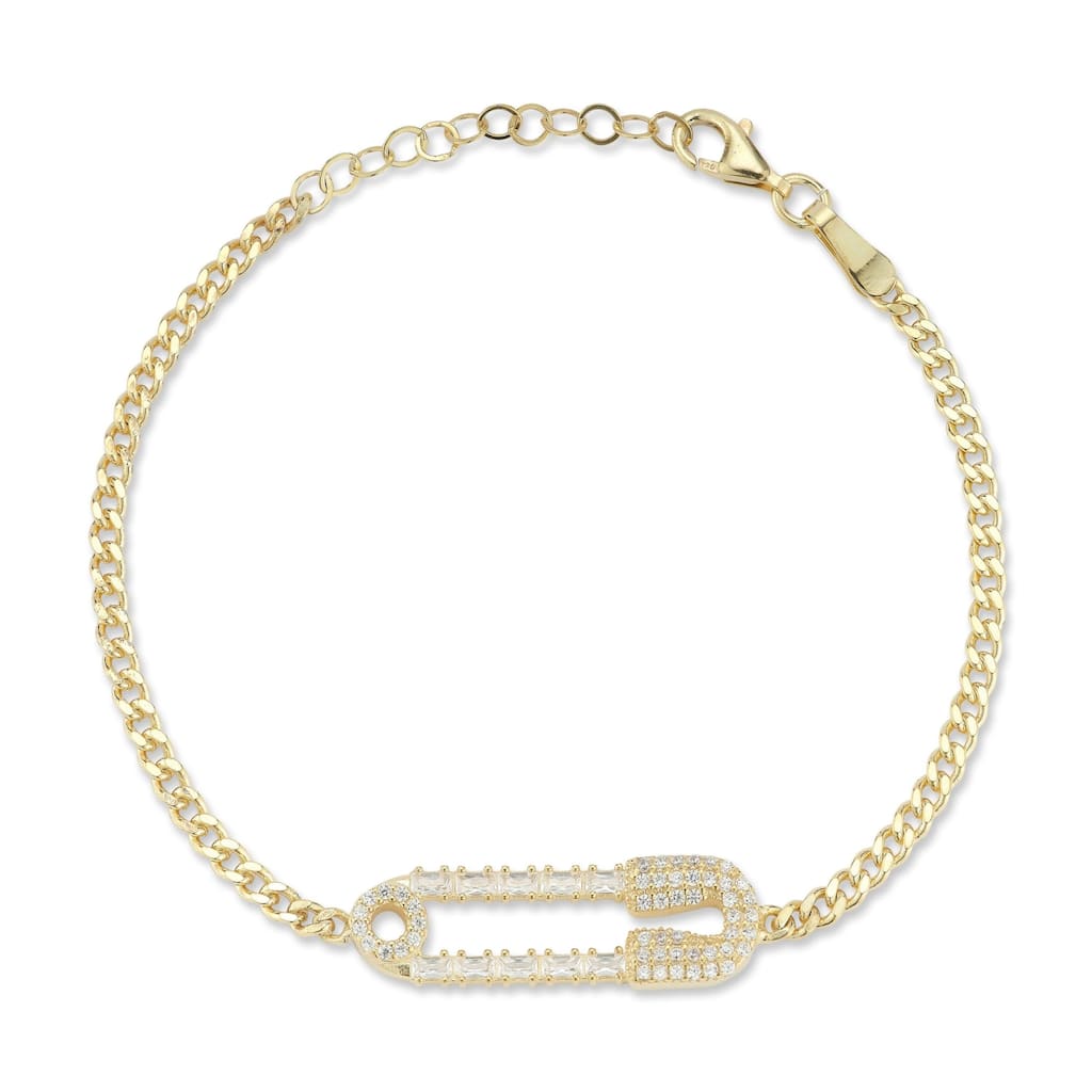 Soleil Sterling Silver Cubic Zirconia Safety Pin Curb Chain Bracelet