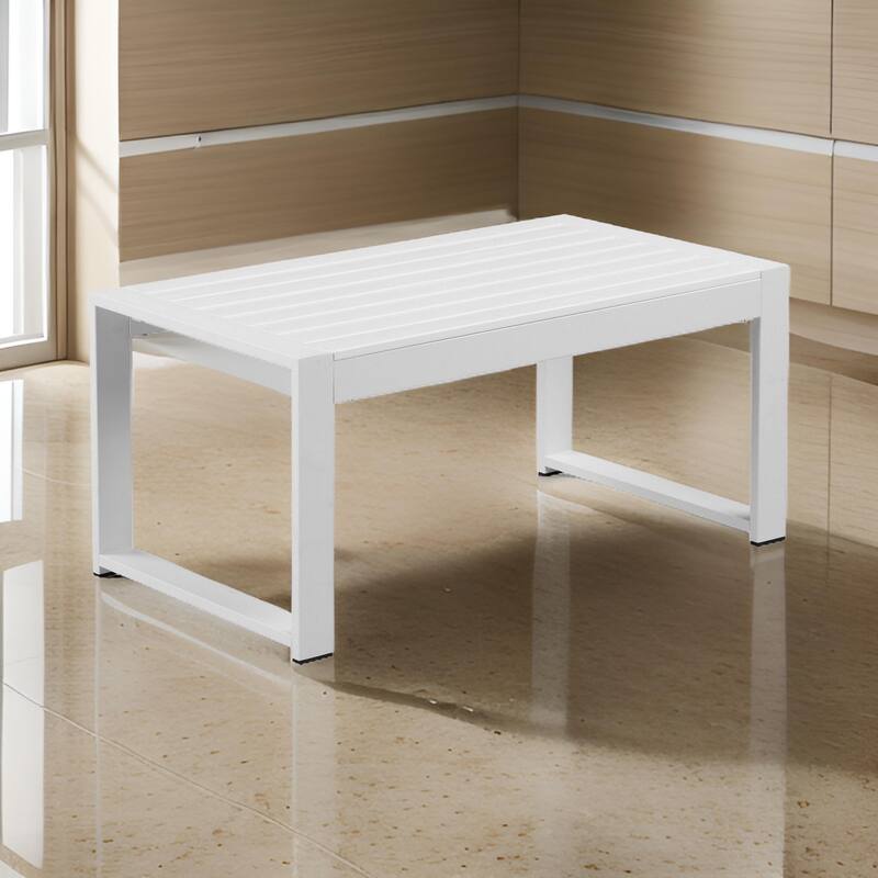 Lark 35 Inch Outdoor Coffee Table, White Aluminum Frame, Polyresin Top