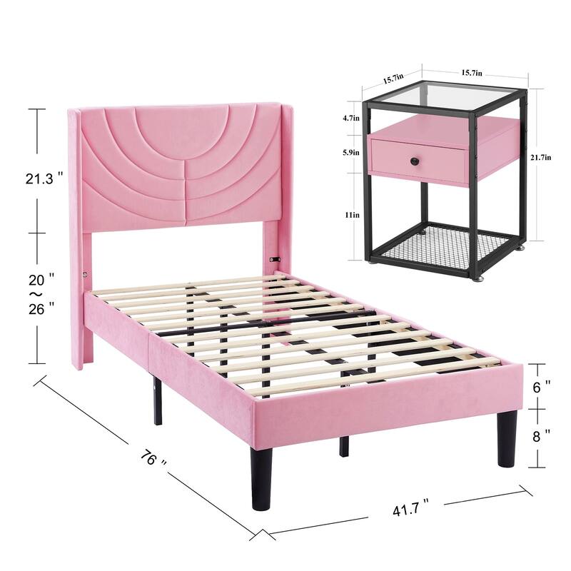 Bedroom Sets, 3-pieces Bedroom Set with Height Adjustable Upholstered Bed and Nightstands Set of 2-VECELO, 15 Style Options