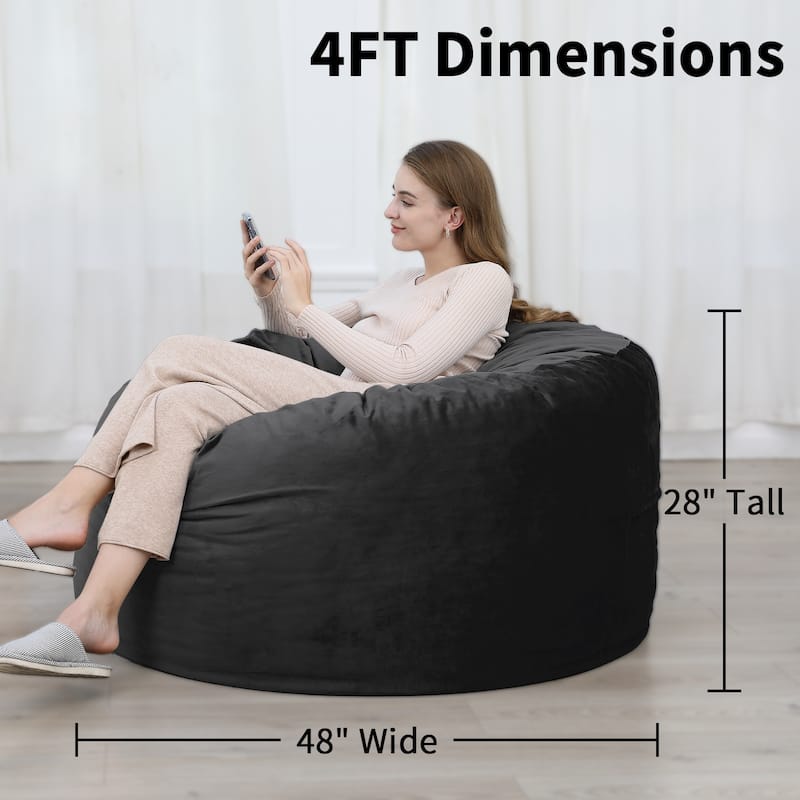 Bean Bag Chair 4FT Foam Filled, Removable Velvet Cover, Giant Bean Bag Chairs, Round Sofa Chair for Bedroom Gaming Room