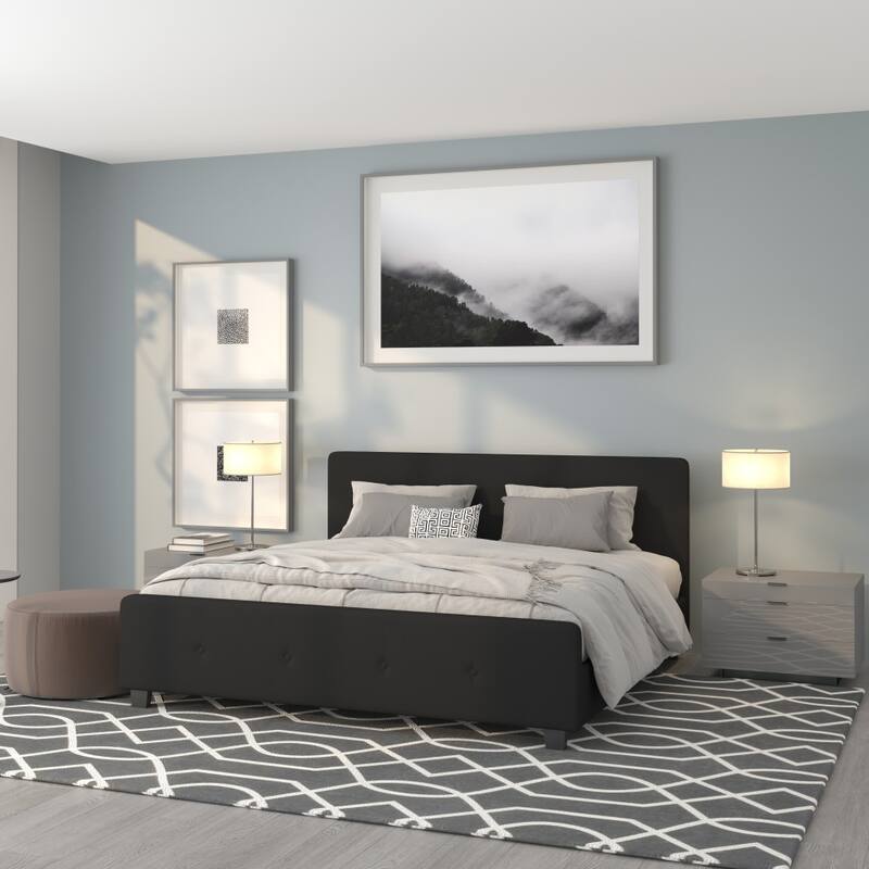 Button Tufted Upholstered Casual Style Platform Bed - Black - King