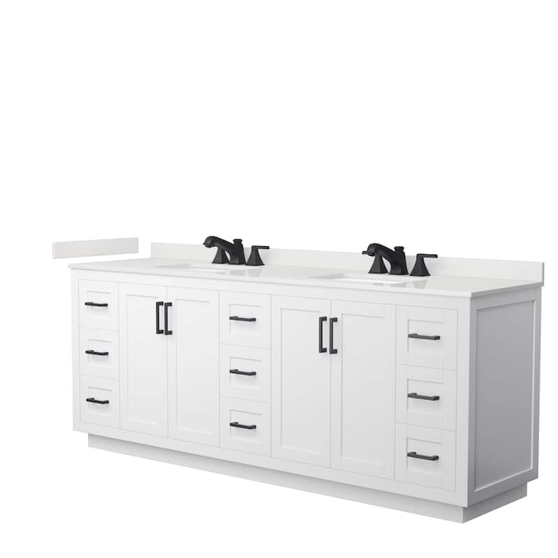 Miranda 84-inch Double Vanity, Quartz Top - White, Black Trim, White Quartz Top