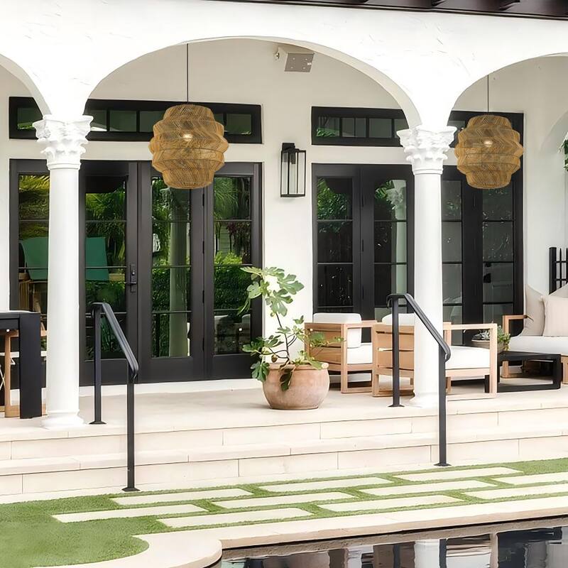 Cana 1-Light Wicker Outdoor Pendant, Coastal Boho Tiered Drum - Handwoven